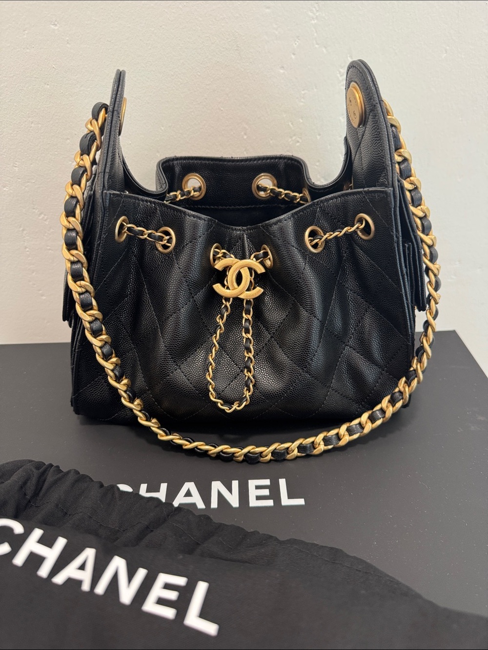 CHANEL 25 Mini Black Quilted Drawstring Shoulder Bag with Gold CC Hardware - Picture 1 of 7